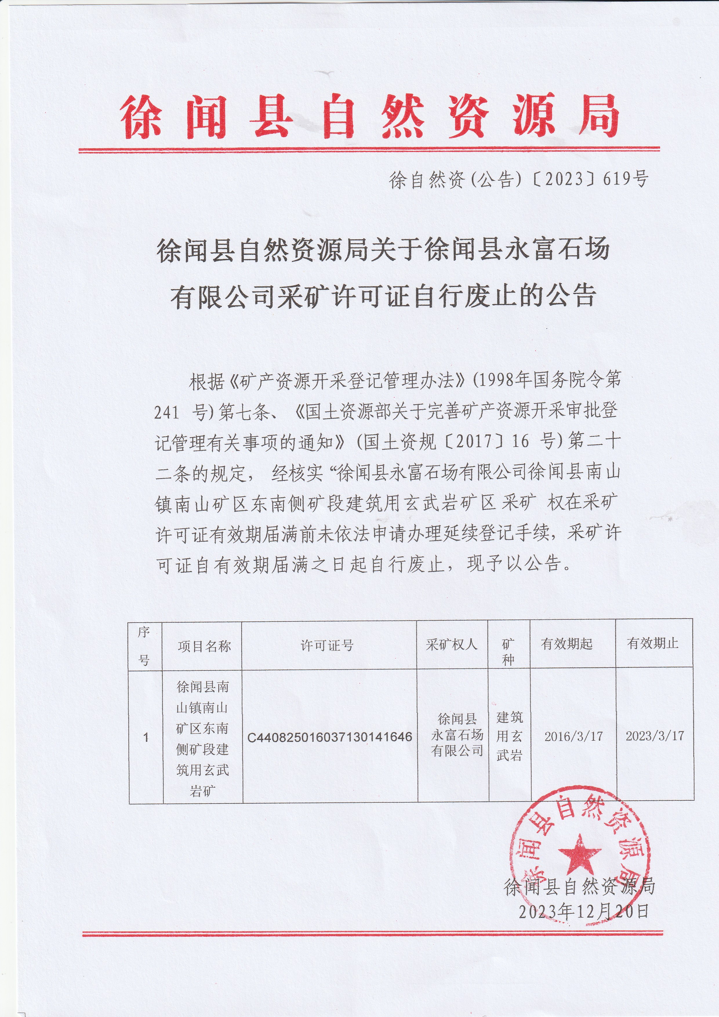 徐闻县自然资源局关于徐闻县永富石场有限公司采矿许可证自行废止的公告.jpg